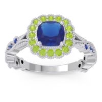 Lab Blue Sapphire Ring In Palladium With Peridot And Blue Sapphire Guna Cushion Antique Ring