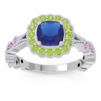 Lab Blue Sapphire Ring In 14k White Gold With Peridot And Pink Tourmaline Guna Cushion Antique Ring