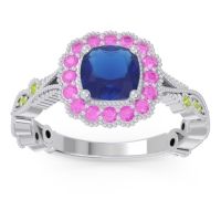 Lab Blue Sapphire Ring In Palladium With Pink Tourmaline And Peridot Guna Cushion Antique Ring