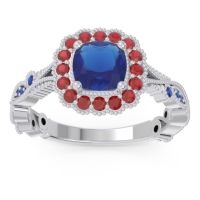 Lab Blue Sapphire Ring In Palladium With Ruby And Blue Sapphire Guna Cushion Antique Ring