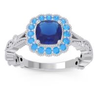 Lab Blue Sapphire Engagement Ring In Palladium With Swiss Blue Topaz And Diamond - Guna Cushion Antique Ring