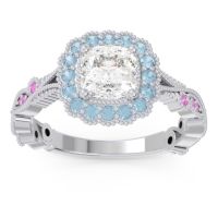 Lab Diamond Ring In 14k White Gold With Aquamarine And Pink Tourmaline Guna Cushion Antique Ring
