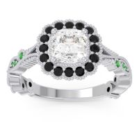 Lab Diamond Ring In 14k White Gold With Black Onyx And Emerald Guna Cushion Antique Ring