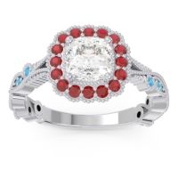 Lab Diamond Ring In 14k White Gold With Ruby And Swiss Blue Topaz Guna Cushion Antique Ring