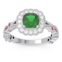 Lab Emerald Ring In 14k White Gold With Diamond And Ruby Guna Cushion Antique Ring