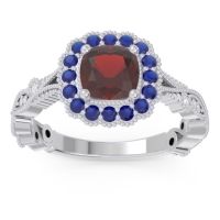 Garnet Engagement Ring In 14k White Gold With Blue Sapphire And Diamond - Guna Cushion Antique Ring