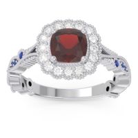 Garnet Ring In 14k White Gold With Lab Diamond And Blue Sapphire Guna Cushion Antique Ring