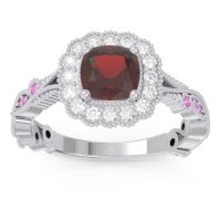 Garnet Ring In 14k White Gold With Lab Diamond And Pink Tourmaline Guna Cushion Antique Ring