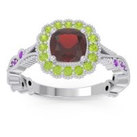 Garnet Ring In 14k White Gold With Peridot And Amethyst Guna Cushion Antique Ring