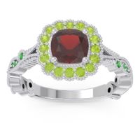 Garnet Ring In 14k White Gold With Peridot And Emerald Guna Cushion Antique Ring