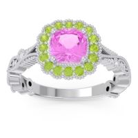 Pink Tourmaline Engagement Ring In 14k White Gold With Peridot And Diamond - Guna Cushion Antique Ring