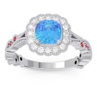 Swiss Blue Topaz Ring In 14k White Gold With Diamond And Ruby Guna Cushion Antique Ring