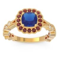 Lab Blue Sapphire Ring In 18k Yellow Gold With Garnet And Lab Diamond Guna Cushion Antique Ring