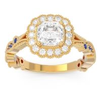 Diamond Ring In 18k Yellow Gold With Lab Diamond And Blue Sapphire Guna Cushion Antique Ring