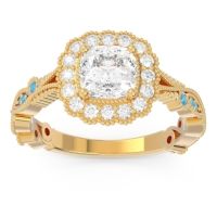Diamond Ring In 14k Yellow Gold With Lab Diamond And Swiss Blue Topaz Guna Cushion Antique Ring
