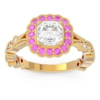 Diamond Engagement Ring In 18k Yellow Gold With Pink Tourmaline - Guna Cushion Antique Ring