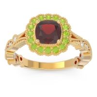 Garnet Engagement Ring In 14k Yellow Gold With Peridot And Diamond - Guna Cushion Antique Ring