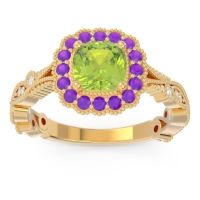 Peridot Engagement Ring In 18k Yellow Gold With Amethyst And Diamond - Guna Cushion Antique Ring