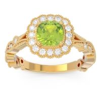 Peridot Engagement Ring In 18k Yellow Gold With Diamond - Guna Cushion Antique Ring