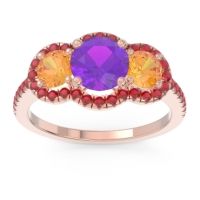 Amethyst Ring In 18K Rose Gold With Citrine And Ruby Attika Round Three-stone Ring