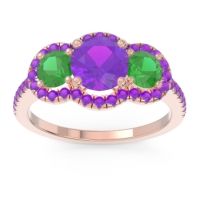 Amethyst Ring In 18K Rose Gold With Emerald Attika Round Three-stone Ring
