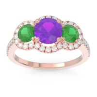Amethyst Ring In 18K Rose Gold With Emerald And Lab Diamond Attika Round Three-stone Ring