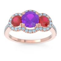 Amethyst Ring In 14K Rose Gold With Ruby And Aquamarine Attika Round Three-stone Ring