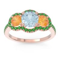 Aquamarine Ring In 18K Rose Gold With Citrine And Emerald Attika Round Three-stone Ring