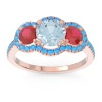 Aquamarine Ring In 18K Rose Gold With Ruby And Swiss Blue Topaz Attika Round Three-stone Ring