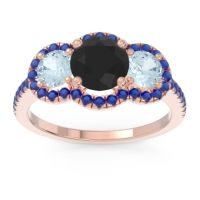 Black Onyx Ring In 14K Rose Gold With Aquamarine And Blue Sapphire Attika Round Three-stone Ring