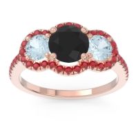 Black Onyx Ring In 14K Rose Gold With Aquamarine And Ruby Attika Round Three-stone Ring