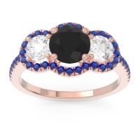 Black Onyx Ring In 18K Rose Gold With Lab Diamond And Blue Sapphire Attika Round Three-stone Ring
