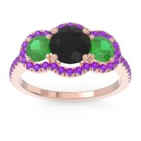 Black Onyx Ring In 18K Rose Gold With Emerald And Amethyst Attika Round Three-stone Ring