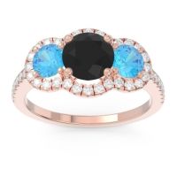Black Onyx Ring In 18K Rose Gold With Swiss Blue Topaz And Lab Diamond Attika Round Three-stone Ring