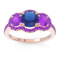 Lab Blue Sapphire Ring In 14K Rose Gold With Amethyst Attika Round Three-stone Ring