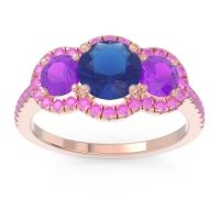 Lab Blue Sapphire Ring In 14K Rose Gold With Amethyst And Pink Tourmaline Attika Round Three-stone Ring