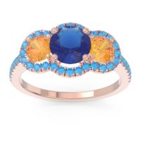 Lab Blue Sapphire Ring In 18K Rose Gold With Citrine And Swiss Blue Topaz Attika Round Three-stone Ring
