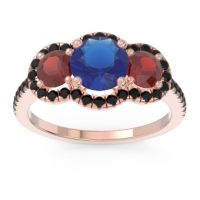 Lab Blue Sapphire Ring In 18K Rose Gold With Garnet And Black Onyx Attika Round Three-stone Ring