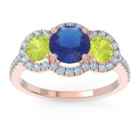 Lab Blue Sapphire Ring In 14K Rose Gold With Peridot And Aquamarine Attika Round Three-stone Ring