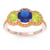 Lab Blue Sapphire Ring In 14K Rose Gold With Peridot And Citrine Attika Round Three-stone Ring