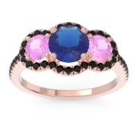 Lab Blue Sapphire Ring In 18K Rose Gold With Pink Tourmaline And Black Onyx Attika Round Three-stone Ring