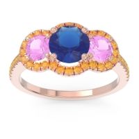 Lab Blue Sapphire Ring In 14K Rose Gold With Pink Tourmaline And Citrine Attika Round Three-stone Ring
