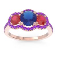 Lab Blue Sapphire Ring In 14K Rose Gold With Ruby And Amethyst Attika Round Three-stone Ring