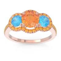 Citrine Ring In 14K Rose Gold With Swiss Blue Topaz Attika Round Three-stone Ring