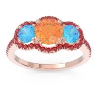 Citrine Ring In 14K Rose Gold With Swiss Blue Topaz And Ruby Attika Round Three-stone Ring