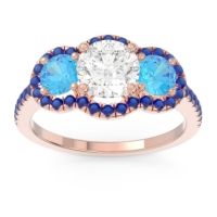 Lab Diamond Ring In 18K Rose Gold With Swiss Blue Topaz And Blue Sapphire Attika Round Three-stone Ring