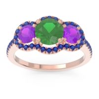 Emerald Ring In 18K Rose Gold With Amethyst And Blue Sapphire Attika Round Three-stone Ring
