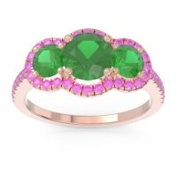 Emerald Ring In 14K Rose Gold With Pink Tourmaline Attika Round Three-stone Ring
