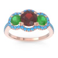 Garnet Ring In 18K Rose Gold With Emerald And Swiss Blue Topaz Attika Round Three-stone Ring