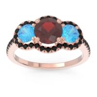 Garnet Ring In 18K Rose Gold With Swiss Blue Topaz And Black Onyx Attika Round Three-stone Ring